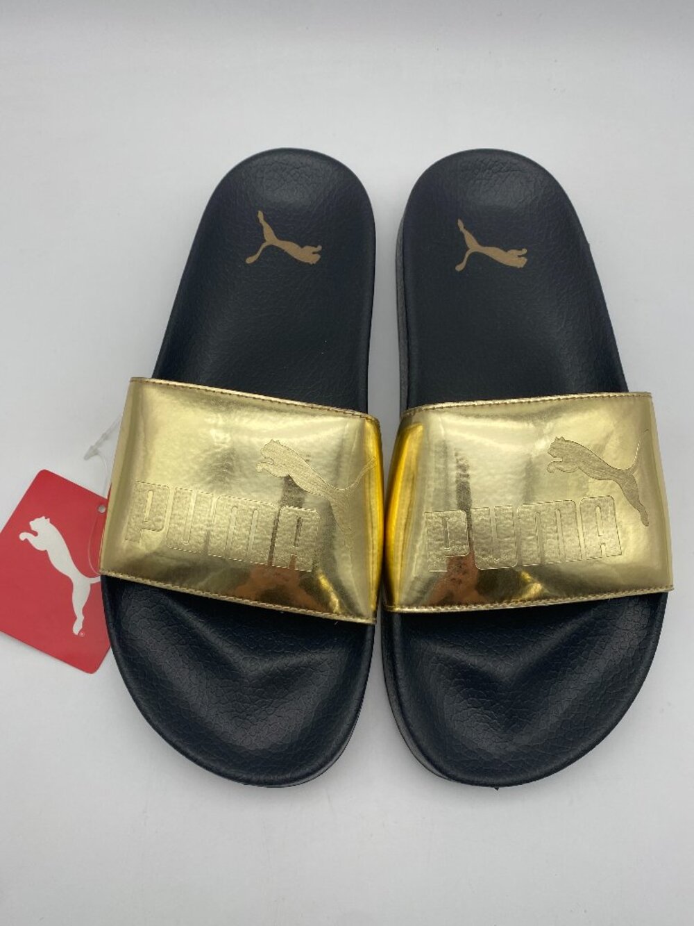 PUMA LEADCAT MIRROR JR SLIDES GOLD/BLACK US YOUTH SIZE 4 AND 6